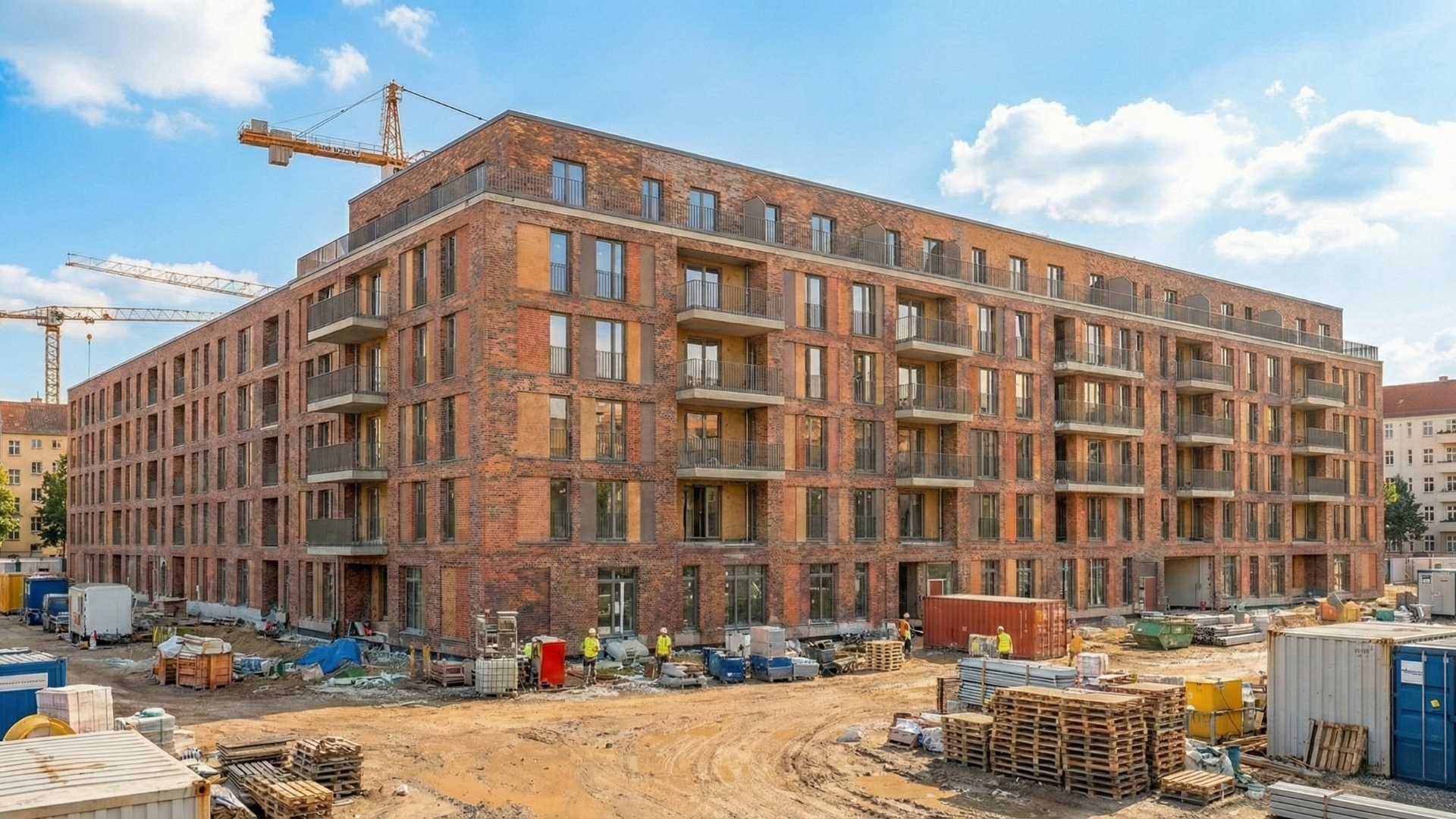 Symbolic photo of an apartment building under construction with brick facade and construction cranes in the background, representative of mezzanine financing and forward deals structured by PREA in Berlin's new residential construction 2026.
